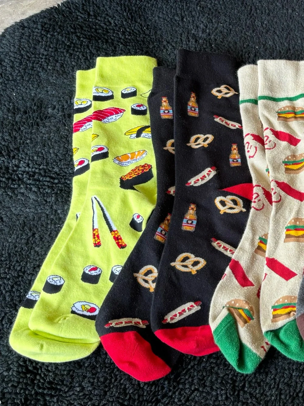 Novelty Men's Food Pattern Crew Socks - Sushi, Pretzel & Burger Designs (Set)